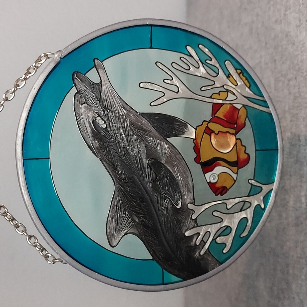 AMIA Dolphin Clownfish Hand Painted Circle Shape Stained Glass Window Art NWT